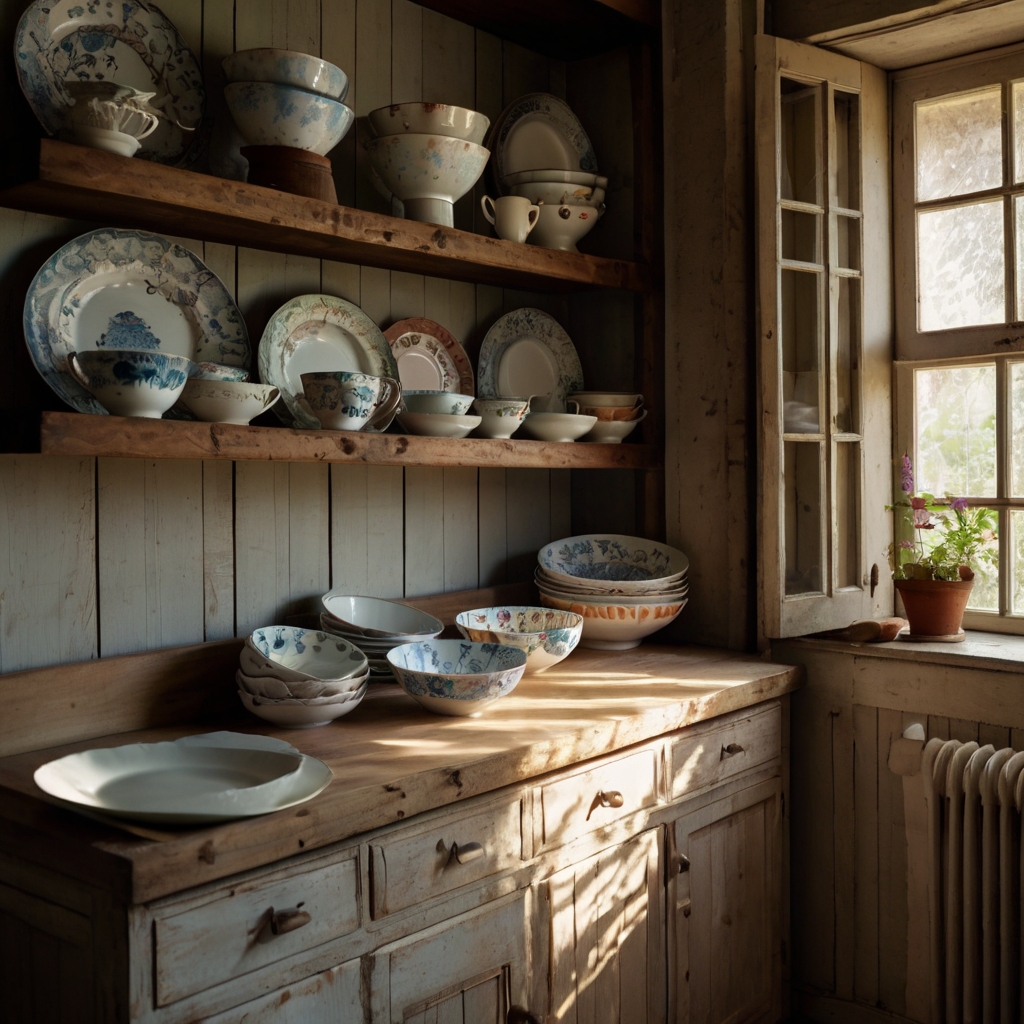 Mismatched vintage crockery, chipped and aged, sits on open wooden shelves bathed in soft natural light. The scene invites nostalgic comfort.
