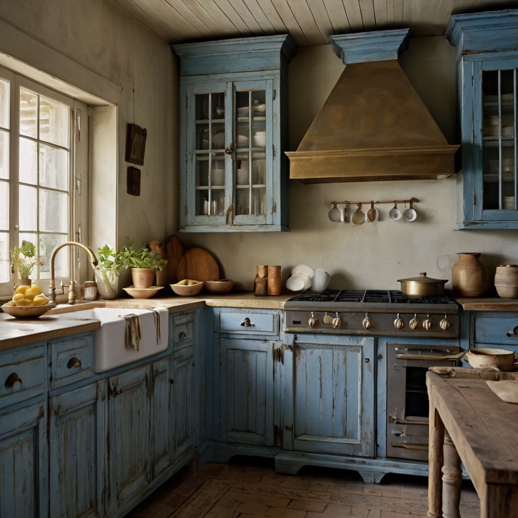 Faded sky-blue cabinets with chipped paint and brass handles glow softly in morning light. The textures express peaceful rustic charm.