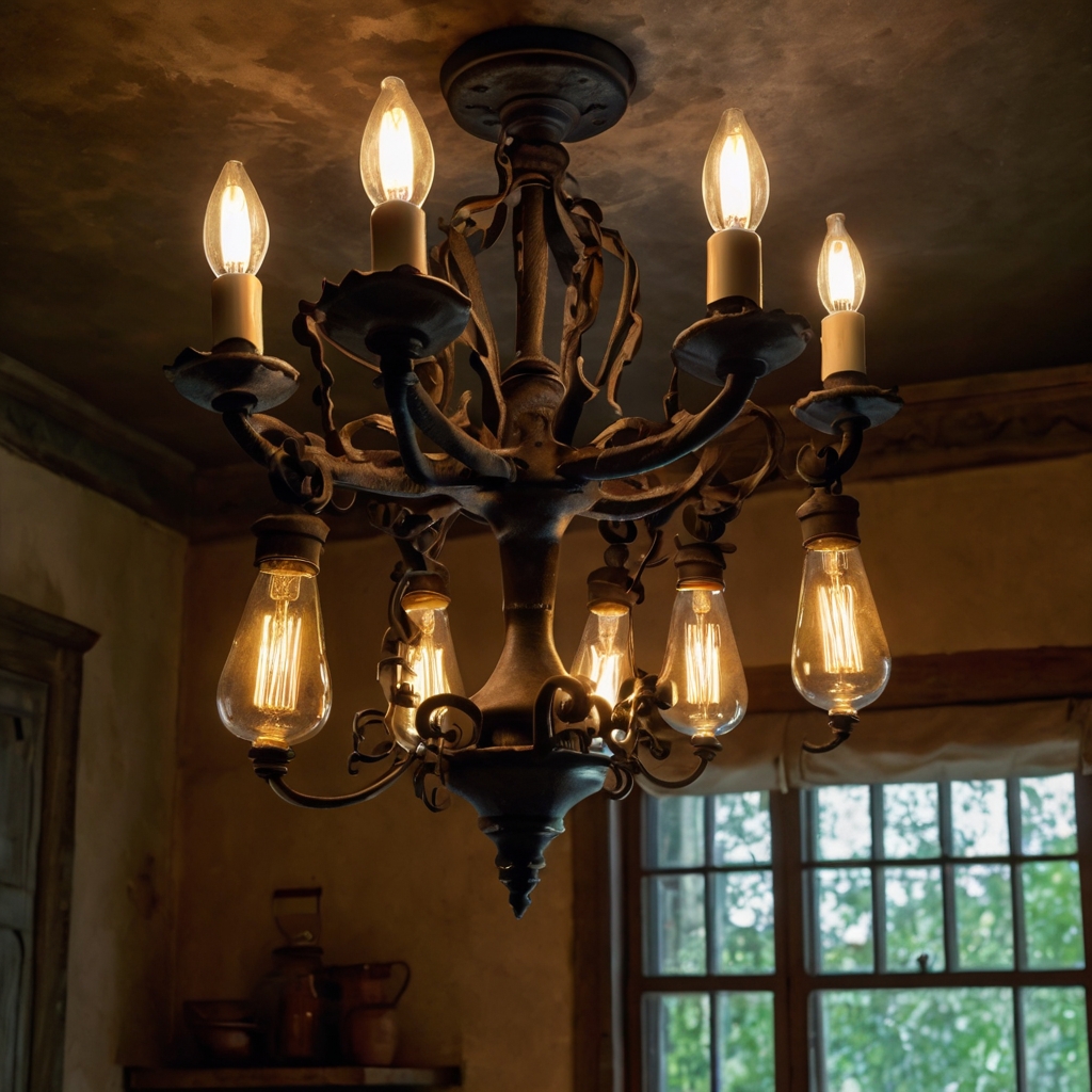 Ornate wrought iron chandelier glows with filament bulbs, casting dancing shadows on textured walls. The warm light creates intimate ambiance.